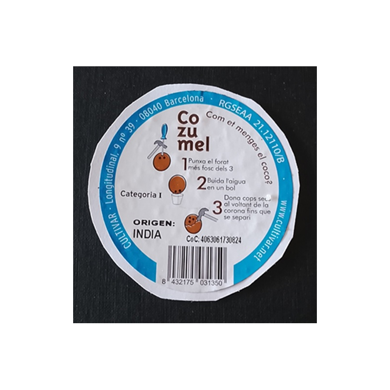 ETIQUETA DE FRUTA (USADA)--COCO   5.42 × 5.92 cm